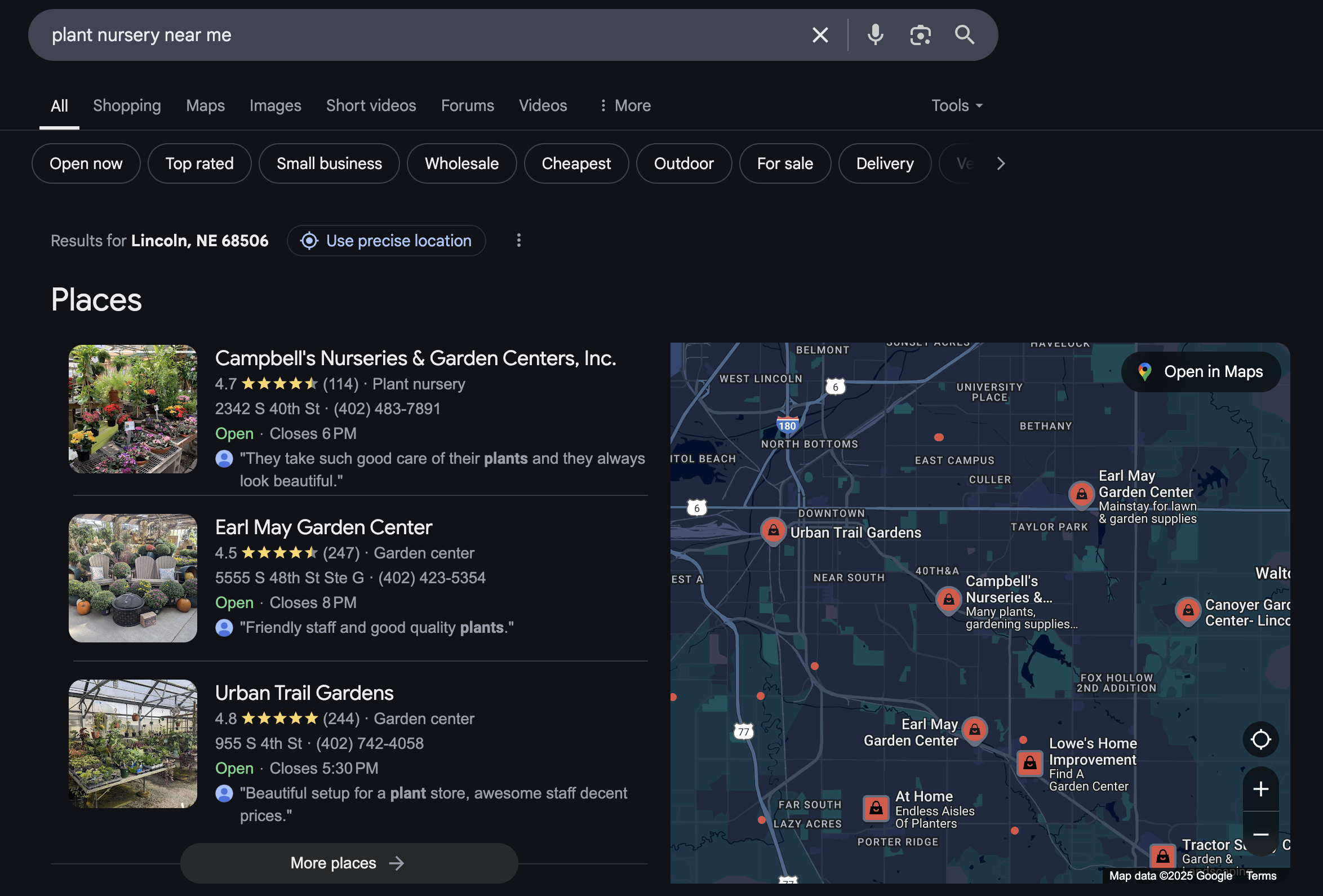 A screen capture of a Map Pack. Search bar states, "Plant Nursery Near Me." Top results include: Campbell's Nurseries & Garden Centers, Earl May Garden Center, and Urban Trail Gardens.